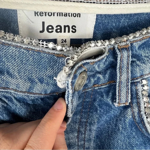 Reformation Stardust Embellished High Rise Straight Jeans Size 24 - Picture 8 of 13